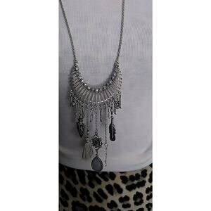 Signed Park Lane Silver Tone Statement Necklace Tribal Vintage Cut Glass Boho